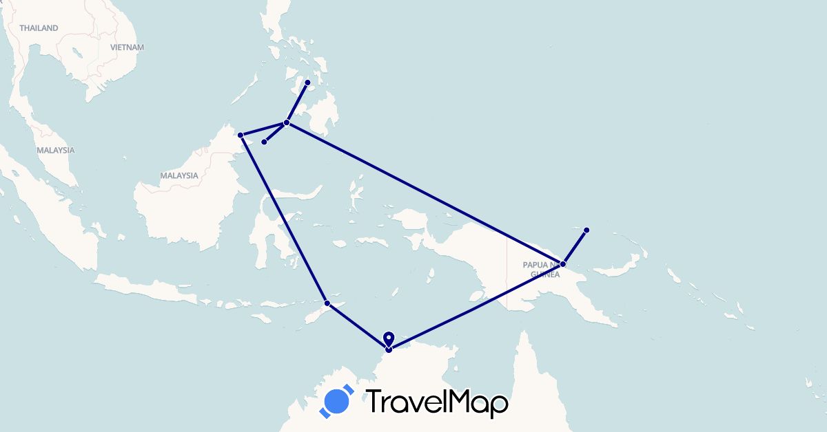TravelMap itinerary: driving in Australia, Malaysia, Papua New Guinea, Philippines, East Timor (Asia, Oceania)